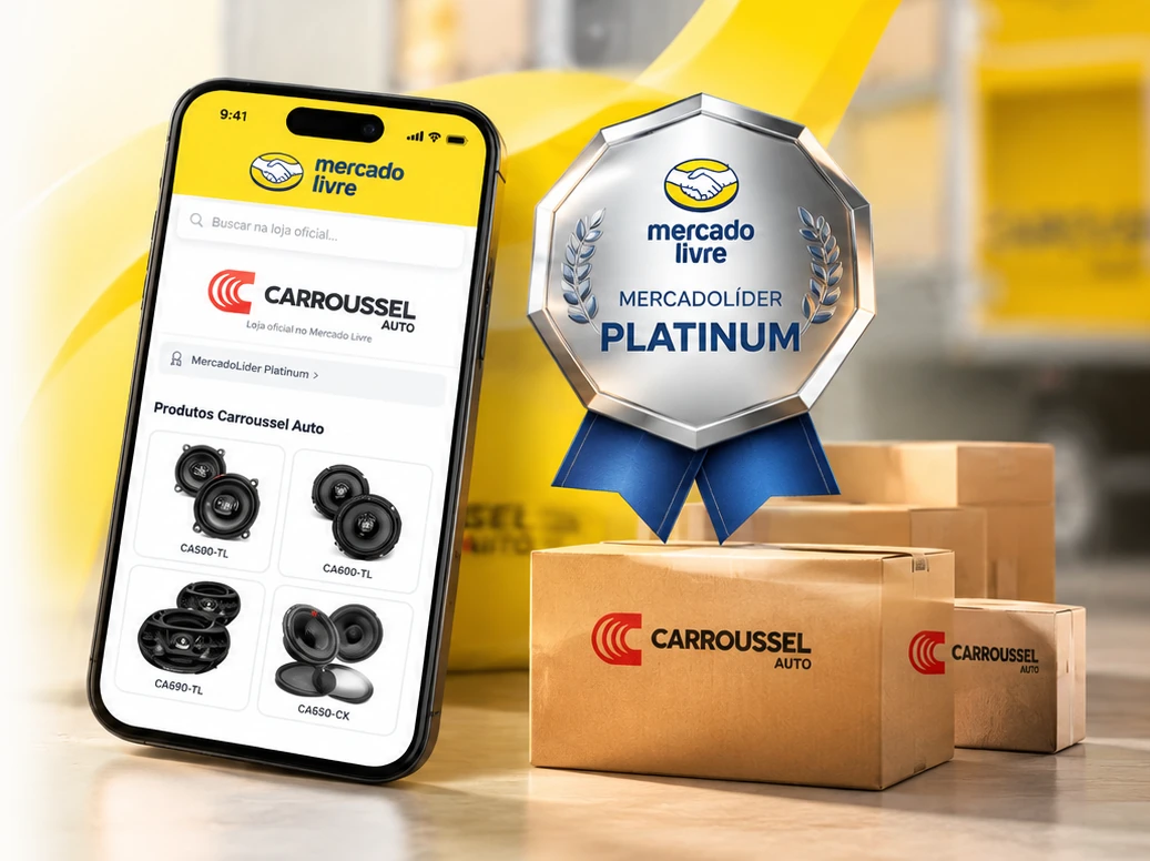 Celular ilustrativo da loja Carroussel Auto no Mercado Livre, com produtos e selo MercadoLíder Platinum.
